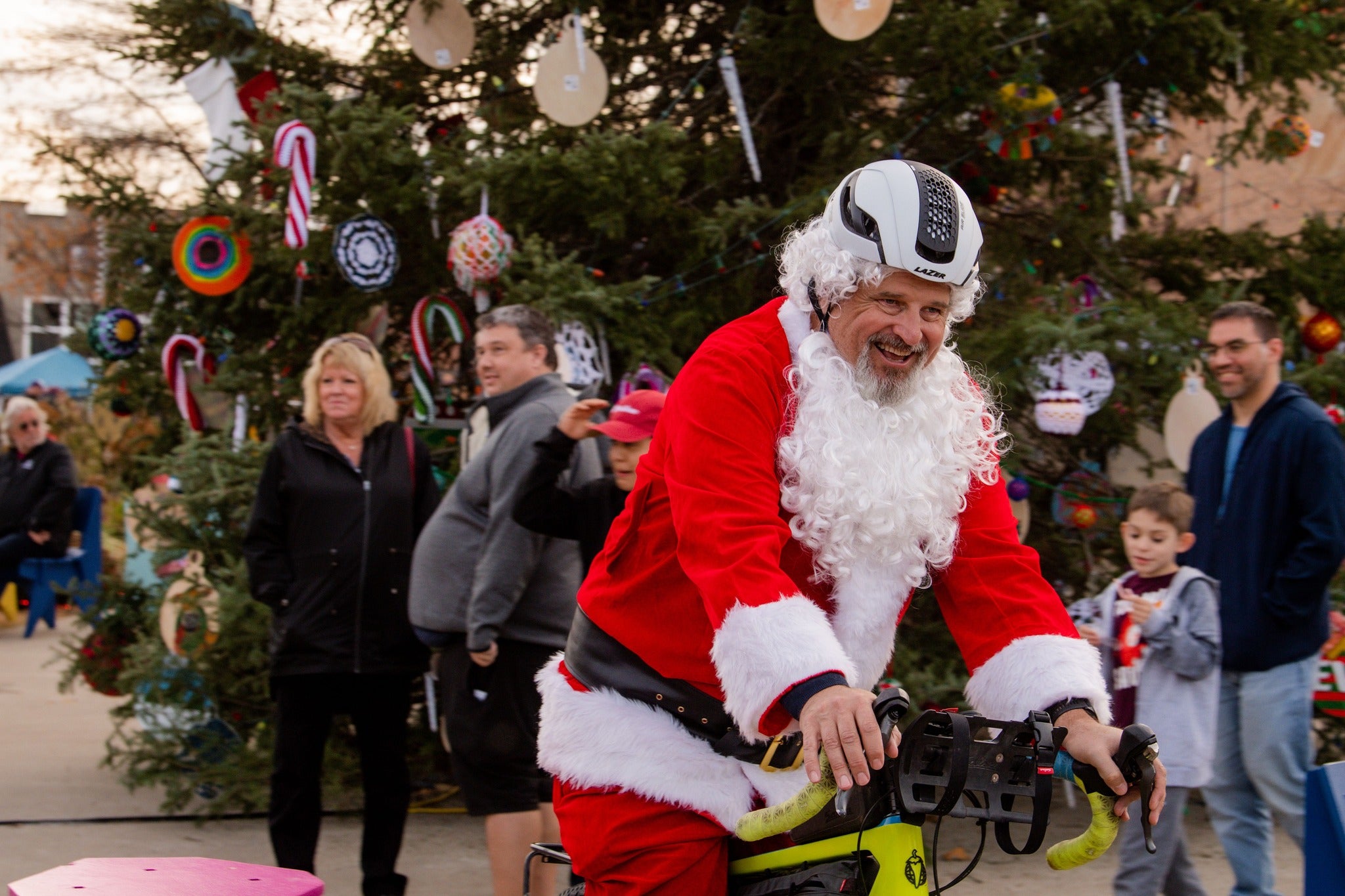 A Cycling Santa in downtown Springdale